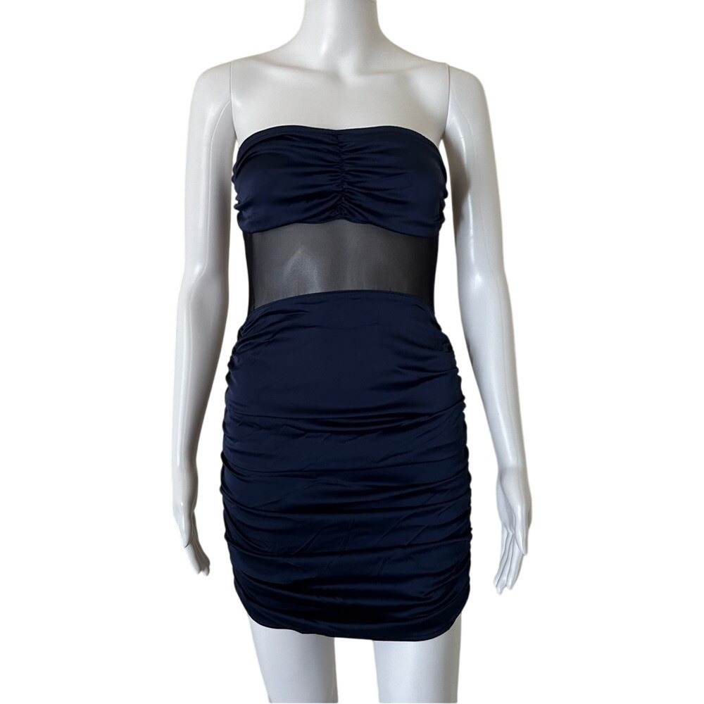 ⭐ Roma Scrunched Satiny Spandex Tube strapless Mesh dress Navy Blue size small
